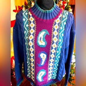 Vintage heavyweight women’s large paisley navy blue grandma core sweater